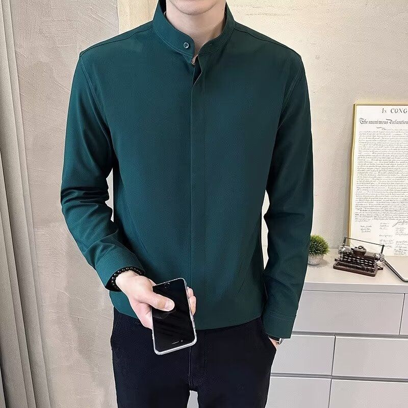 Stand Up Collar Shirt For Men, Long Sleeved Casual, Cool And Slim Fit Shirt For Men, No Ironing, Sunny_voghion.com