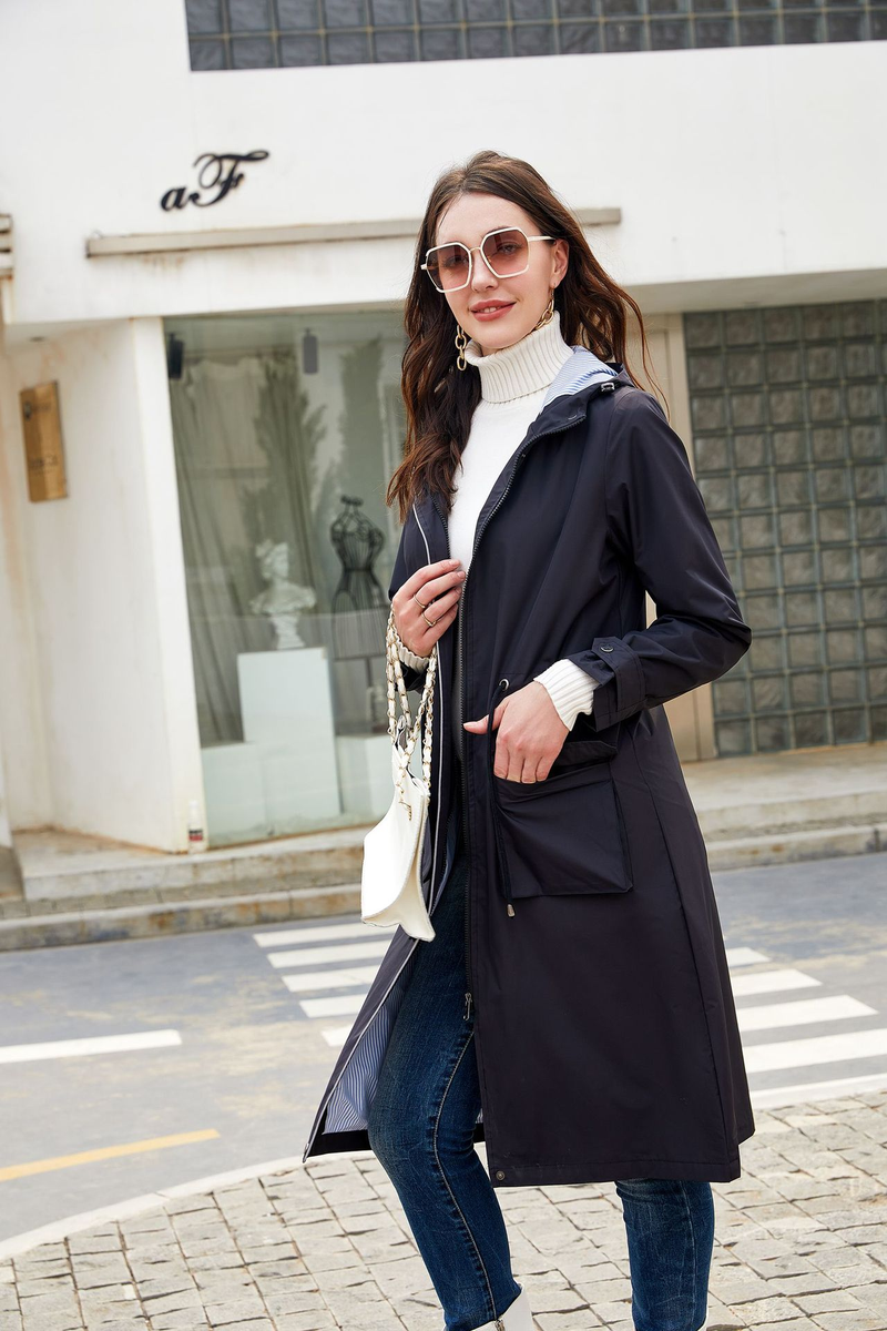 Trench casual da donna K Long con cappuccio, impermeabile, tinta unita con fodera a righe, cappotto dritto._voghion.com