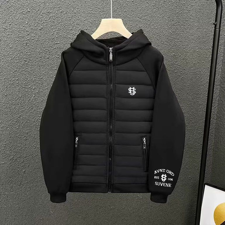 Men’s Streetwear Hooded Puffer Jacket – Parisian Letter Print, Slim-Fit Polyester Coat (S-3XL, White/Light Grey/Black)_voghion.com