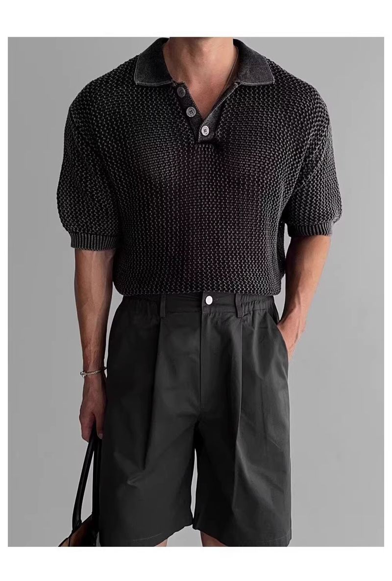 Maglione lavorato a maglia a maniche corte con risvolto, da uomo, in seta ghiacciata, a nido d'ape, con linea spessa, estivo_voghion.com