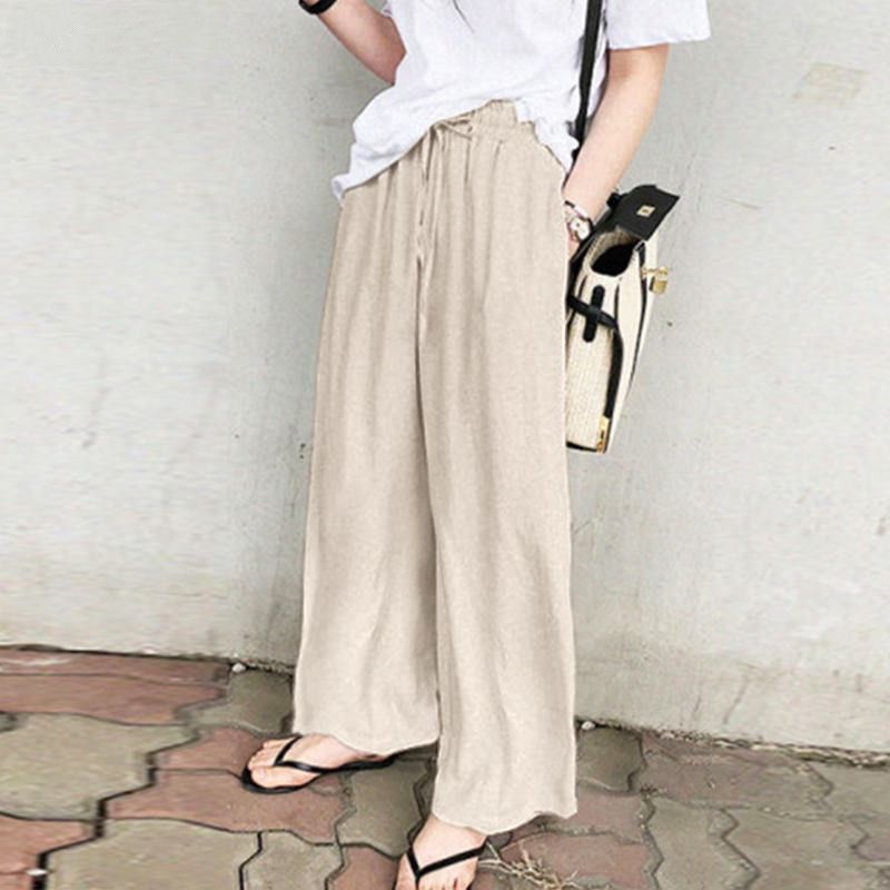 Pantaloni a gamba larga da donna, pantaloni di lino da donna alla moda a vita alta, pantaloni larghi casual in tinta unita all'ingrosso_voghion.com