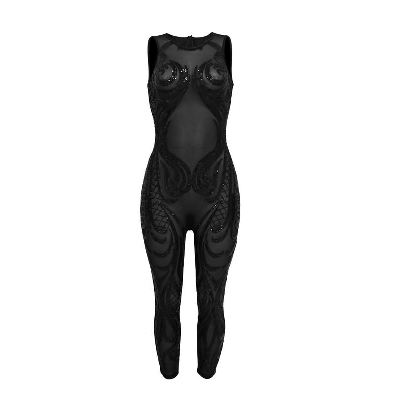 Sexy sleeveless round neck see-through jumpsuit, polyester mesh spliced sequin style, slim trousers_voghion.com