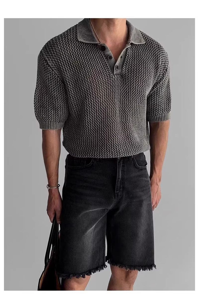 Maglione lavorato a maglia a maniche corte con risvolto, da uomo, in seta ghiacciata, a nido d'ape, con linea spessa, estivo_voghion.com