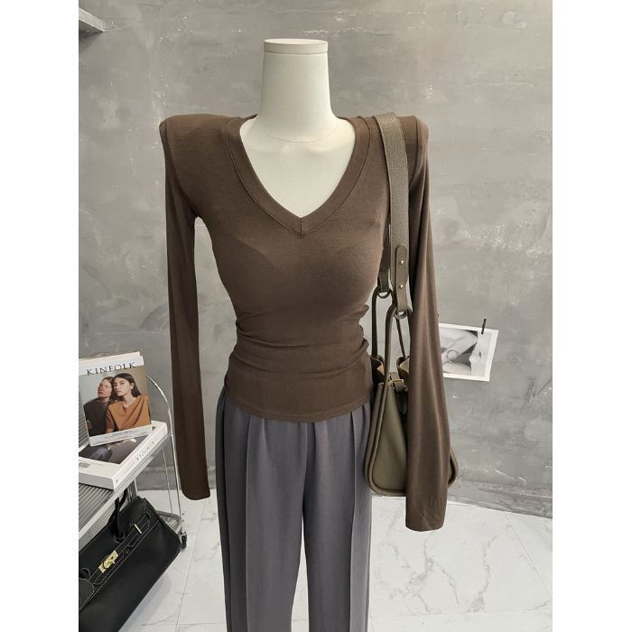 Maglietta a maniche lunghe con scollo a V, morbida e sexy, per donna, sottile e leggermente trasparente_voghion.com