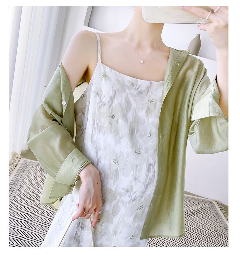 Completo da donna incinta, abito in chiffon con gonna e bretelle, camicia in tencel, abbigliamento con protezione solare, set due pezzi primaverile_voghion.com