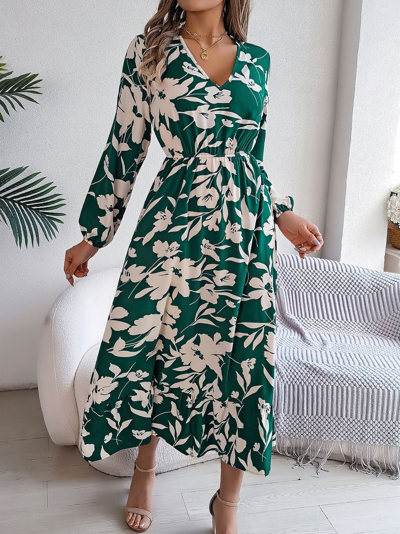 Abito casual a maniche lunghe con volant e fiori in vita, autunno e inverno 2025, abbigliamento da donna_voghion.com