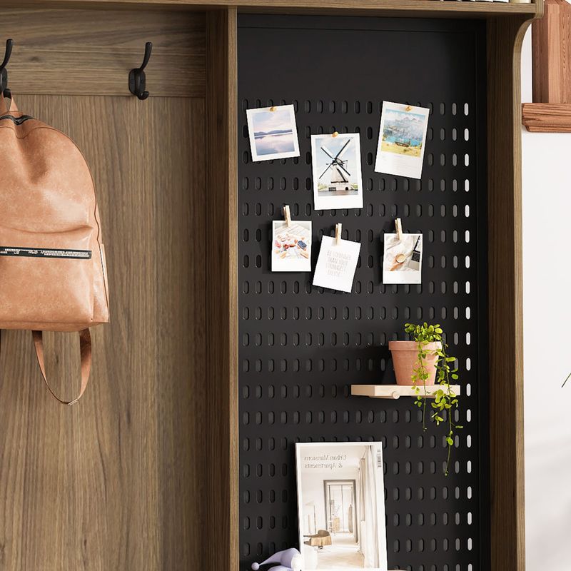 Multi-purpose Hallway Hall Tree With Removable Linen Cushioned Entryway Bench, Coat Rack, Storage Shelves, And DIY Pegboard,for Hallways, Living Room, Brown_voghion.com