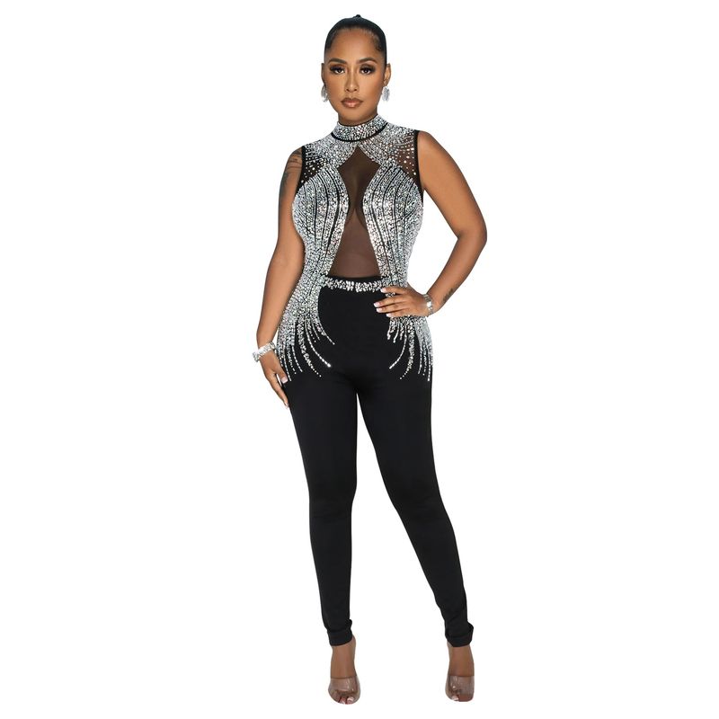 Vêtements pour femmes mode femmes couleur unie maille presse perceuse sans manches pantalon combinaison_voghion.com