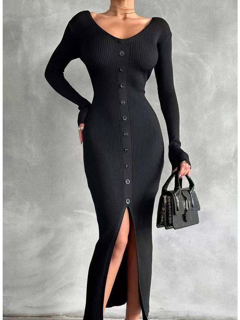 Abito in maglia avvolgente con scollo a V da donna, vestibilità slim con spacco laterale per autunno e inverno_voghion.com
