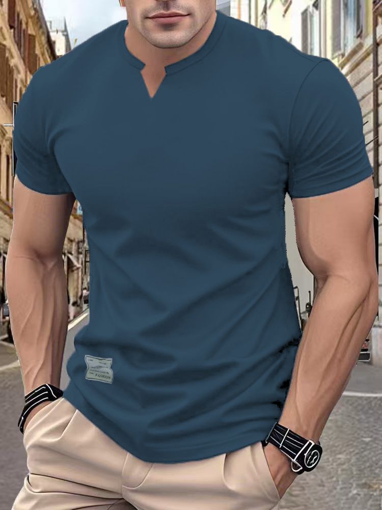 Unbeatable Quality 2025 New Summer Trend Solid Color Round V-neck Slim Fit Short Sleeved Elastic T-shirt, Men's Sports_voghion.com