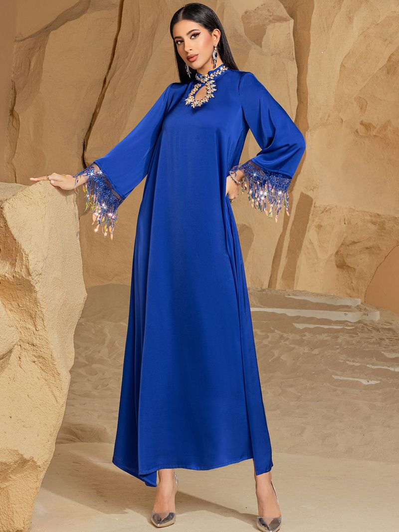 BA3147 Blue Iridescent Laser Gradient Tassel Abaya Long Dress_voghion.com