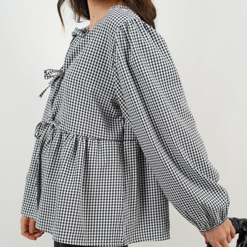 Abbigliamento da donna, nuova camicia a maniche lunghe a sbuffo con fiocco, tinta unita, a righe e a quadri_voghion.com