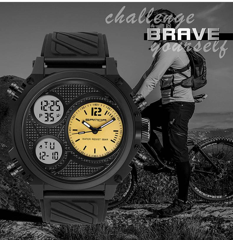 SANDA LED Digital Sport Watches 50m Waterproof Electronic Wristwatch Three Time Display Quartz Watch for Men Alarm Clock_voghion.com