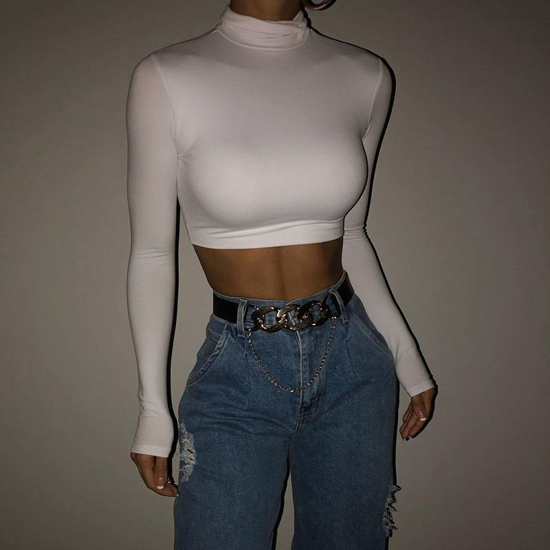 Basic Sheath Women Solid Turtleneck Tshirt Autumn Stretch Casual Undershirt Female All-match Street Activity Crop Tops_voghion.com