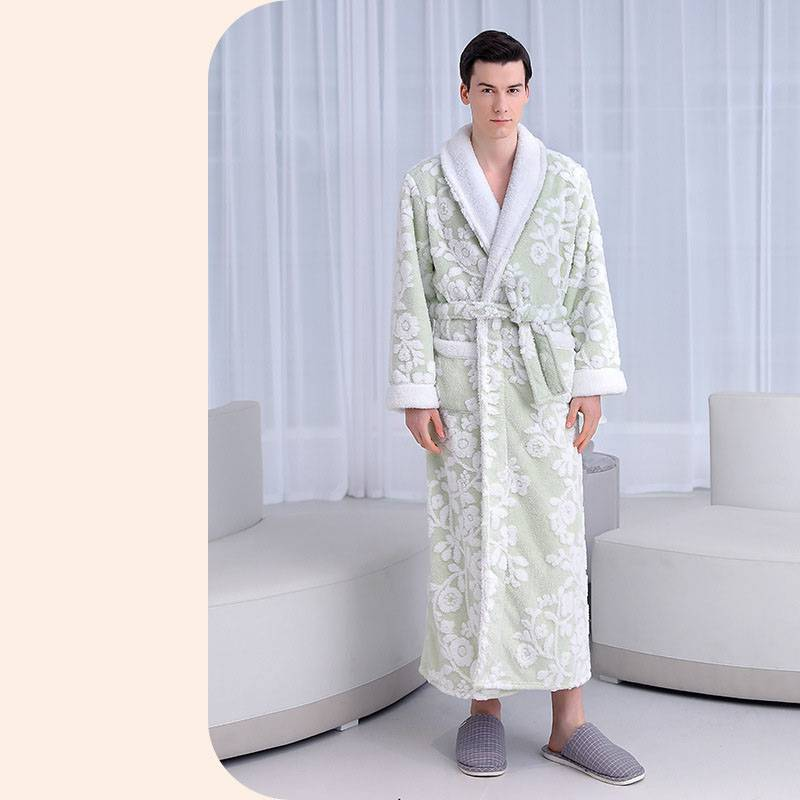 Outono e inverno cinza prateado dupla camada espessada jacquard confortável algodão veludo camisola longa pelúcia roupão de banho_voghion.com