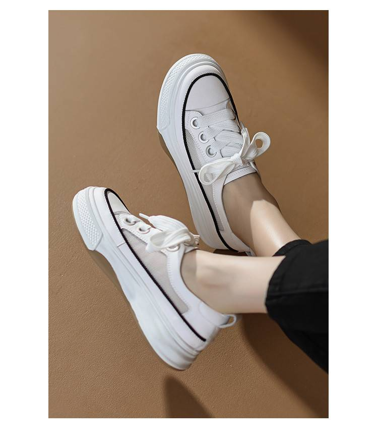 cameido Women's Versatile Lace - Up Flat Casual Shoes With White Mesh Upper, Thick Sole And Skate - Shoe Style_voghion.com