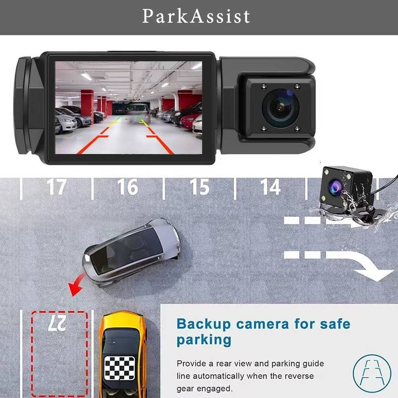 High Definition 1080P Fuerrekorder mat dräi Lënsen an simultanem Display, ausgestatt mat Réckbild, mobilen WIFI, Auto DVR_voghion.com