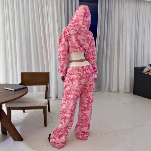 Kadın Giyim Pembe Kamuflaj Baskılı Günlük Takım Elbise Yeni High Street Hip Hop Fermuarlı Ceket Bağcıklı Pantolon_voghion.com