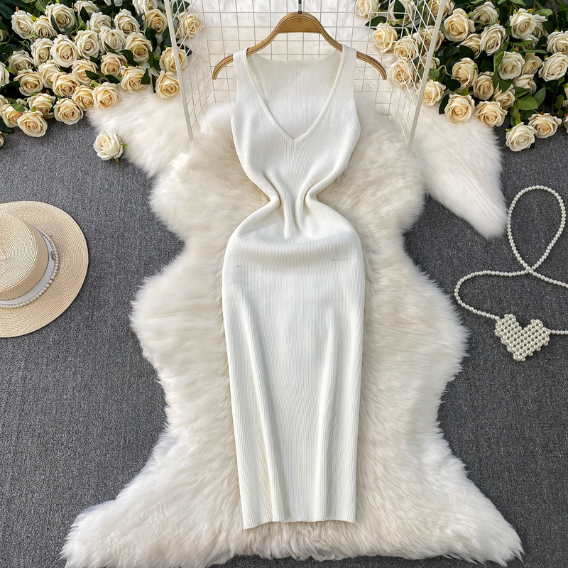 Robe tricotée sexy sans manches à col en V profond pour femme, nouvelle jupe longue d'été à taille élastique et hanches fines_voghion.com