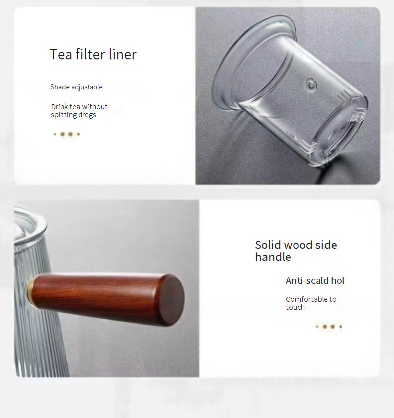 Wooden Handle Vertical-Stripe Glass Teapot - Heat-Resistant & Thick-Wall Side-Handle Design With Filter - Stovetop & Electric Kettle For Tea Brewing_voghion.com
