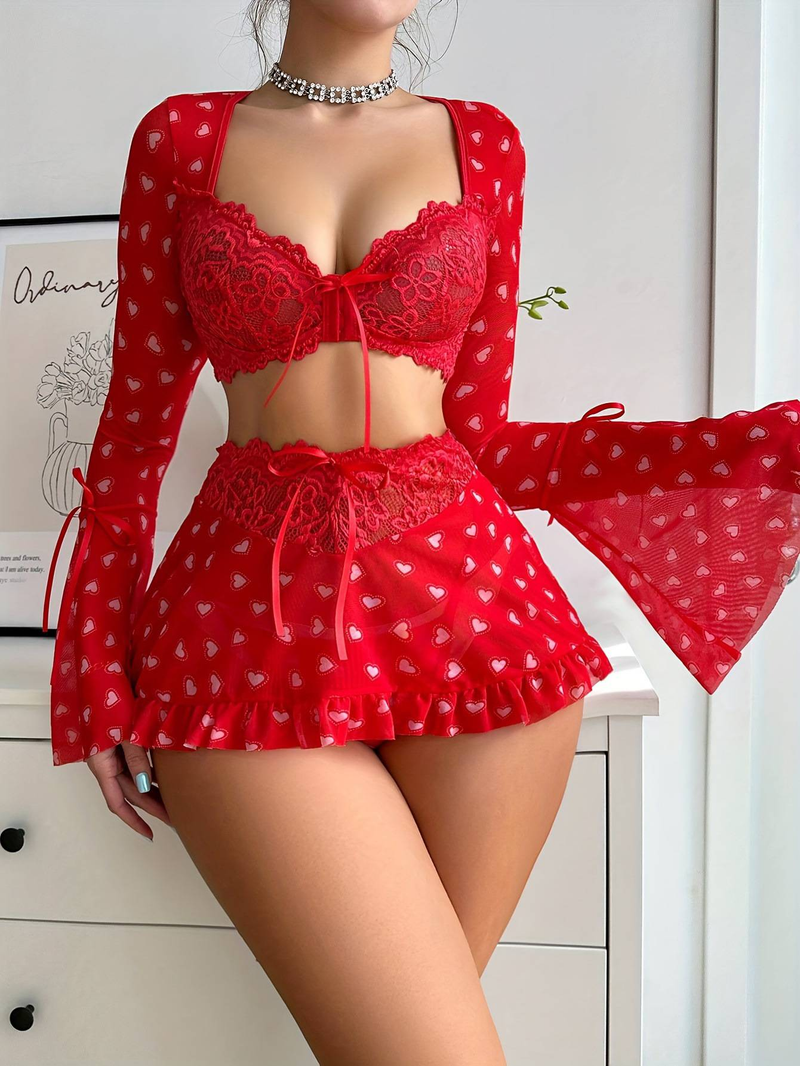 Perspective Interest Fun Lingerie Red Heart Bra Short Skirt G-String Set_voghion.com