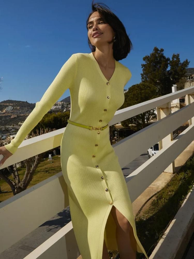 Women's Clothing Elegant V-Neck Long Sleeve Ribbed Knit Dress For Women - Stretchy Polyester, Plus Size, Office & Casual Wear (Available In 6 Colors)_voghion.com