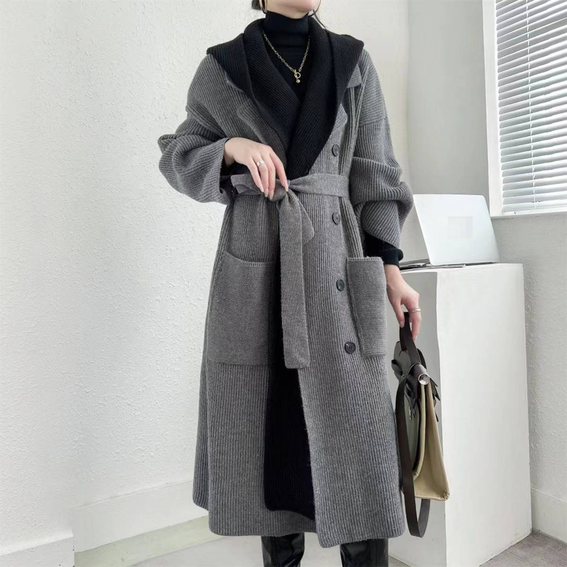 Cardigan lungo con cappuccio oversize da donna - Cappotto spolverino a strati in maglia spessa con dettaglio cintura, comodo capo invernale a strati in beige/grigio/nero_voghion.com