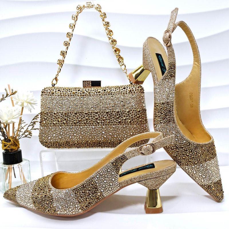 Elegant women's shoes and bag set Pointed striped high heels Suitable for banquets and daily life Exquisite and simple_voghion.com