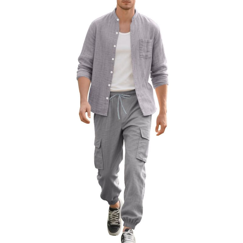 Camicia estiva in lino con bottoni, pantaloni a maniche lunghe, cardigan, abito casual e ampio da spiaggia per uomo_voghion.com