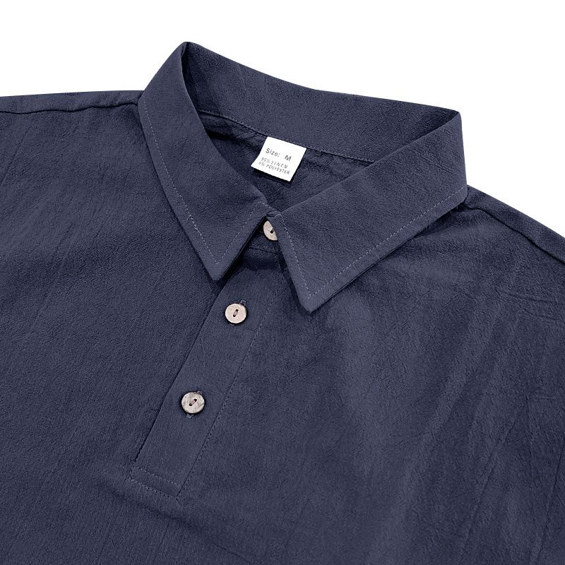 25 Summer Men's New Linen Solid Color Loose Simple Turn-Down Collar Outdoor Casual Polo Shirt For Men_voghion.com