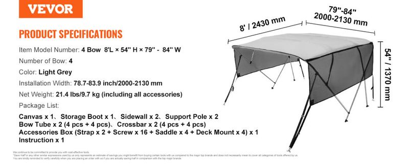 VEVOR 4 Bow Bimini Top Boat Cover, Detachable Mesh Sidewalls, 600D Polyester Canopy with 1" Aluminum Alloy Frame, Includes Storage Boot, 2 Straps, 2 S_voghion.com