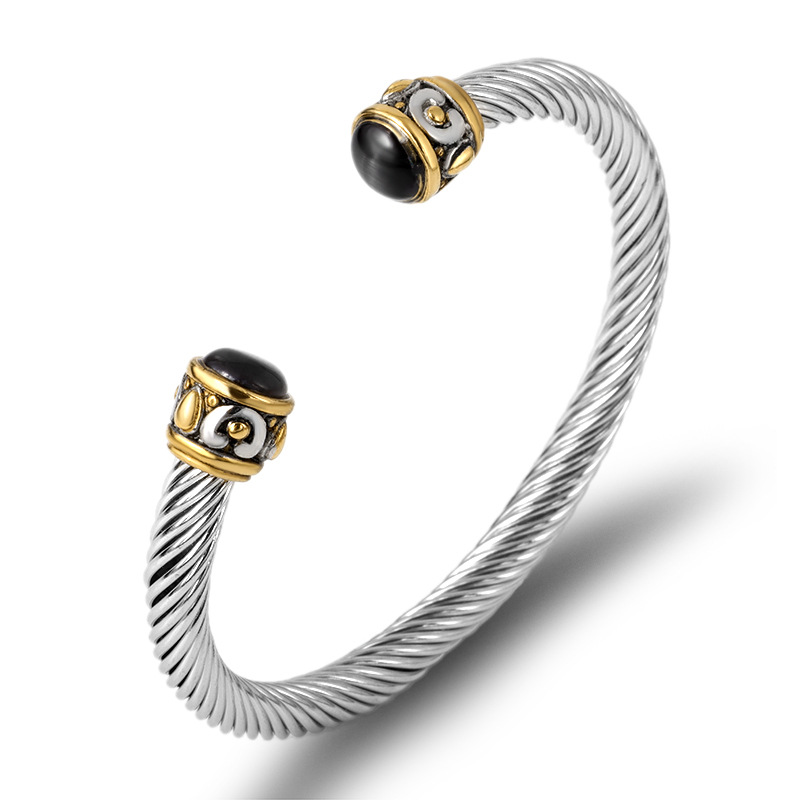 2PCS Hot selling titanium twisted room gold stainless steel wire rope cable bracelet,_voghion.com