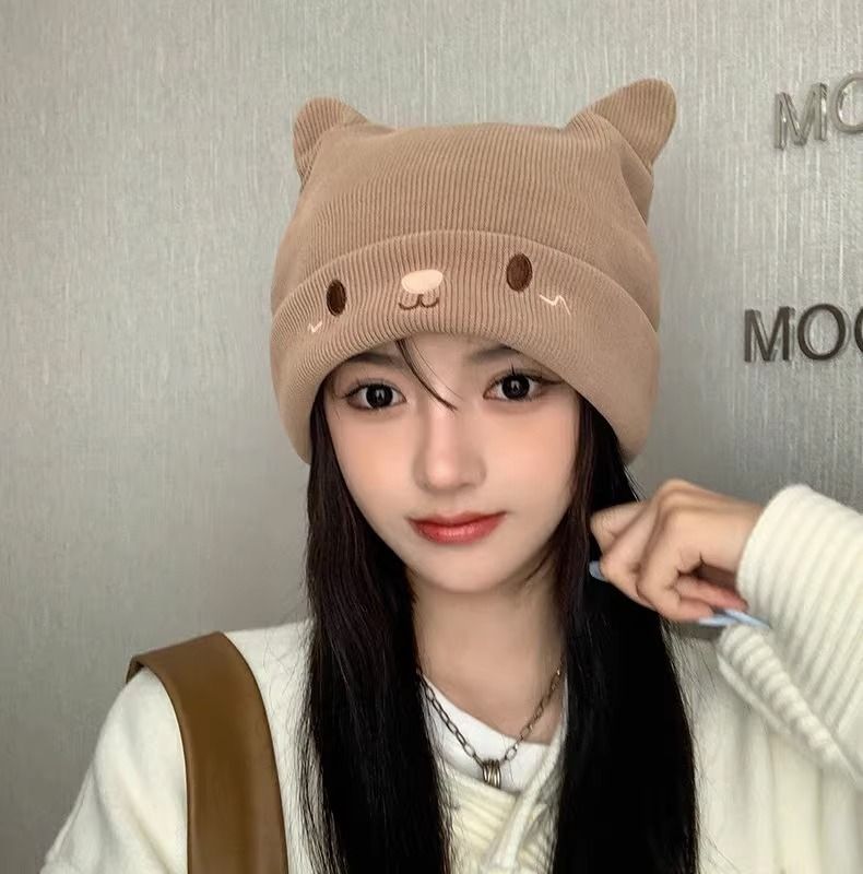 Cappello da donna con orecchie di gatto, lavorato a maglia coreano in lana per maternità, post-parto, caldo e carino_voghion.com