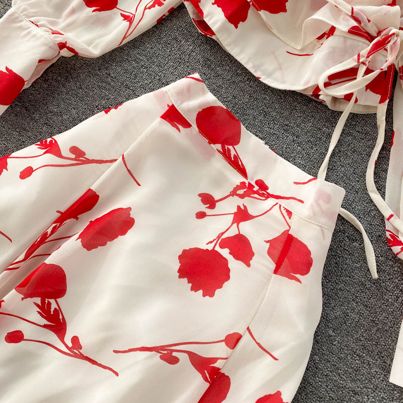 Chemise courte en mousseline de soie imprimée de style resort pour femmes, avec jupe fendue à bords d'oreilles funky, ensemble deux pièces tendance_voghion.com
