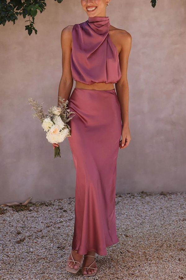 Traje de dos piezas informal ajustado multicolor de satén para mujer, primavera y verano_voghion.com