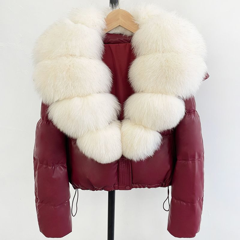 Women's Short Puffer Jacket With Detachable Fox Fur Collar, Loose Fit, Warm Winter Coat, Slimming Design, Fashionable Outerwear_voghion.com