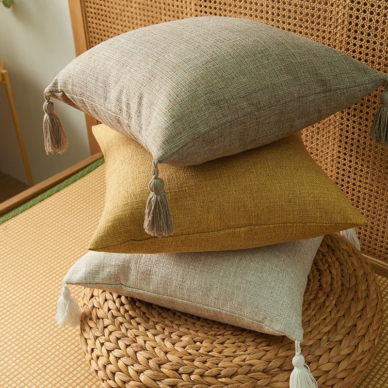Solid Color Cotton Linen Cushion Cover, Simple Decorative Pillowcase With Tassels, No Insert For Sofa Bedroom_voghion.com