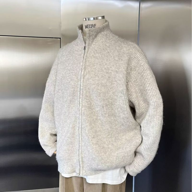 Cardigan da uomo in maglia premium con cerniera - Maglione comodo e ampio con collo alto per l'inverno, casual ed elegante (disponibile in grigio chiaro e nero)_voghion.com