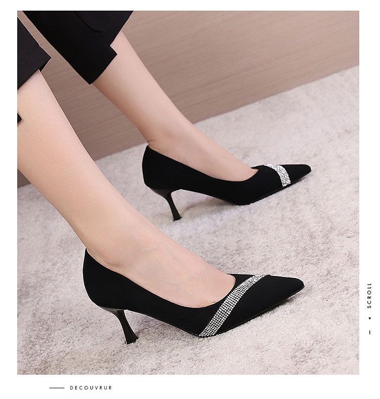 Women's High heels women's new spring and autumn rhinestone French shallow mouth suede pointed toe stiletto single shoes black with dress_voghion.com