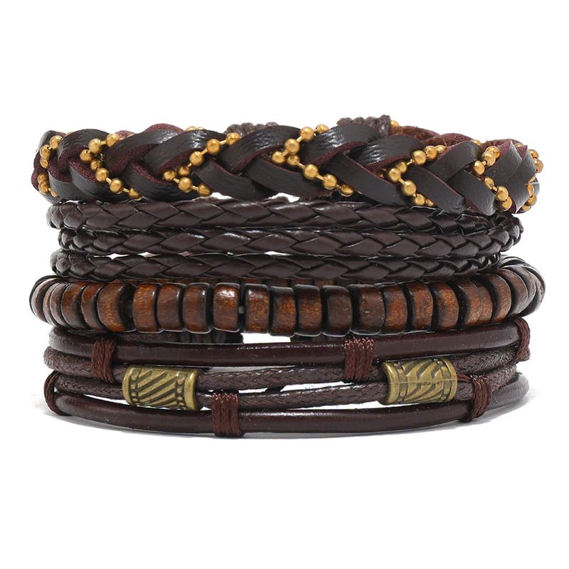 6/4 Stéck 3-Stil PU Holzperlen Geflochtene Liederarmband fir Männer Vintage Life Holzperlen Moud Männerarmband_voghion.com