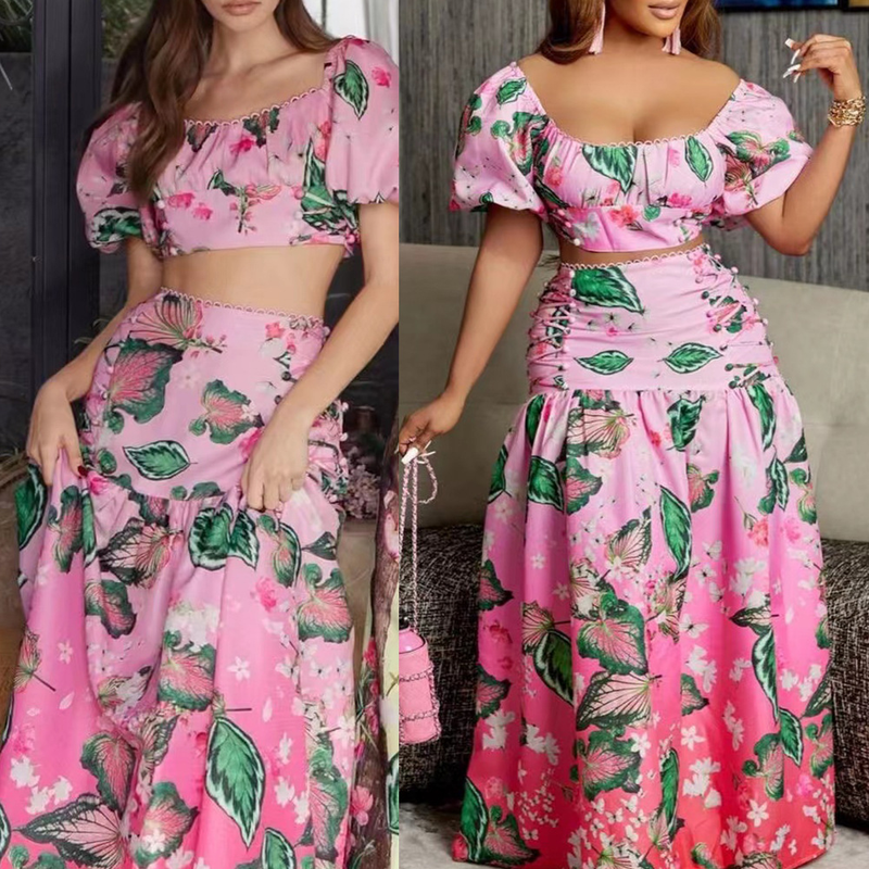 Vêtements pour femmes, mode décontractée, polyvalent, imprimé dégradé de feuilles, costume deux pièces_voghion.com