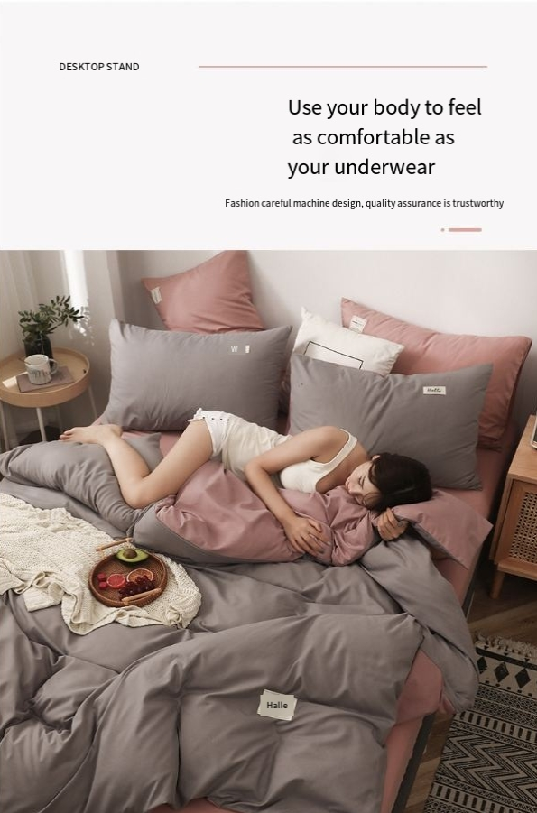 solid color washed cotton four piece set brushed quilt cover 1.8 meters bedding student three piece set 4_voghion.com