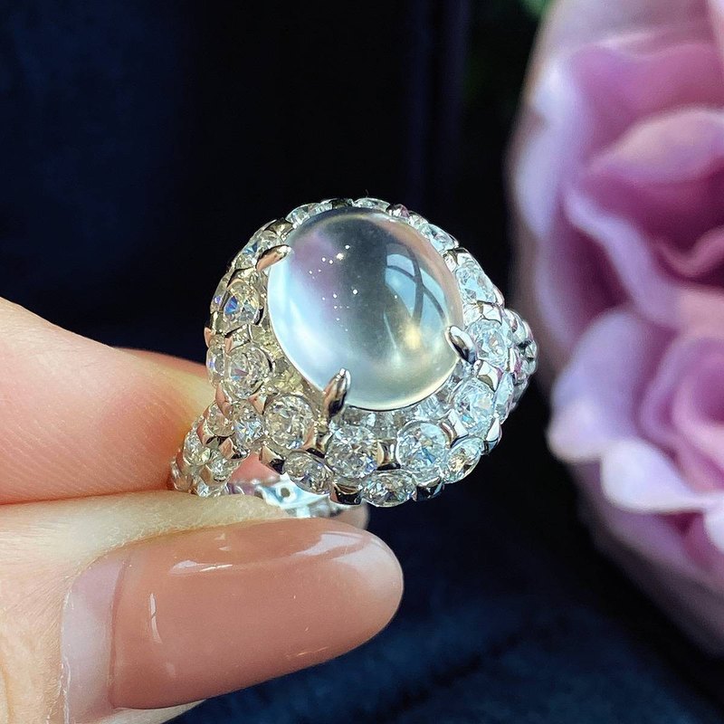 Anello in agata bianca e giada, anello ovale cabochon da donna, gioiello da mano, grigio naturale_voghion.com