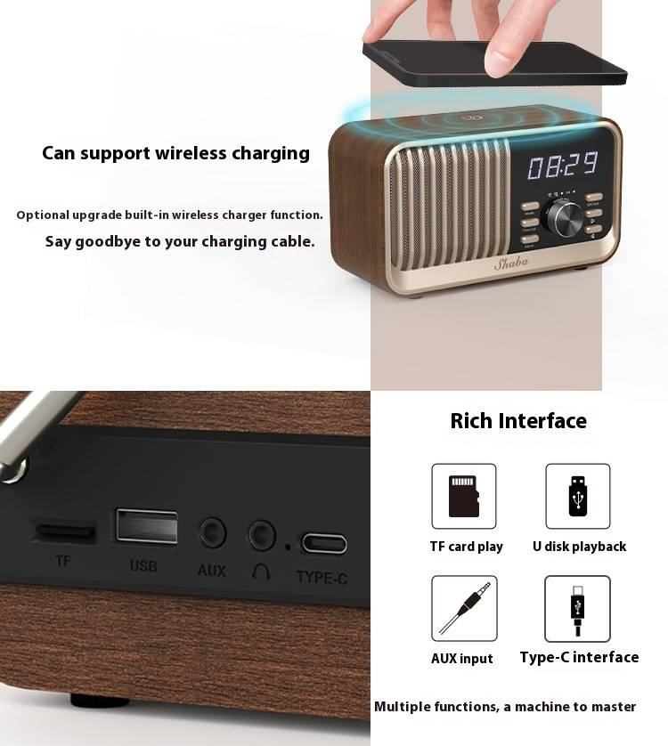 Enceinte Bluetooth multifonction avec radio FM, chargement sans fil, carte TF et horloge – Enceinte d'extérieur portable au design personnalisé_voghion.com