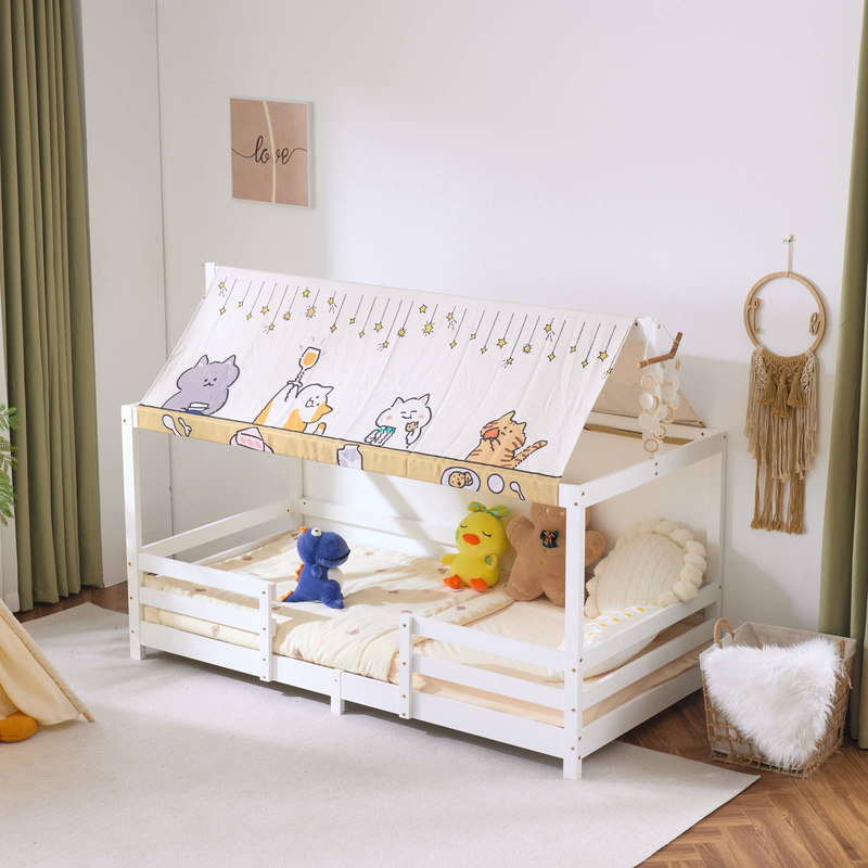 Kinderbett mit Baldachin-Dach, weiß lackiertes Kiefernholz, Spielhaus-Design, sichere Geländer, ideal für Schlafzimmer/Kinderzimmer, einfache Montage_voghion.com