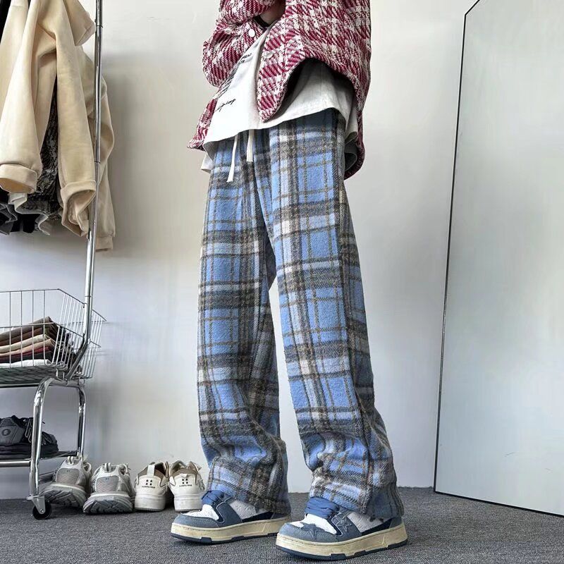 American Plaid For Men's Autumn Winter With Plush Thickened Straight Loose And Trendy Hang Feeling Wide Leg Casual Pants_voghion.com