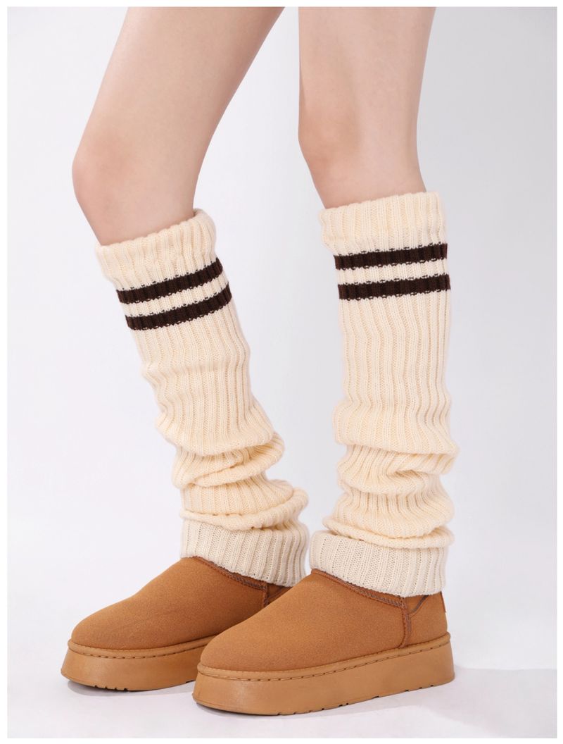 Scaldamuscoli autunnali e invernali, calzini extra lunghi in maglia spessa, calzini sopra il ginocchio, stivali da neve, coprigambe, calzini in pile caldo a righe a contrasto JK_voghion.com