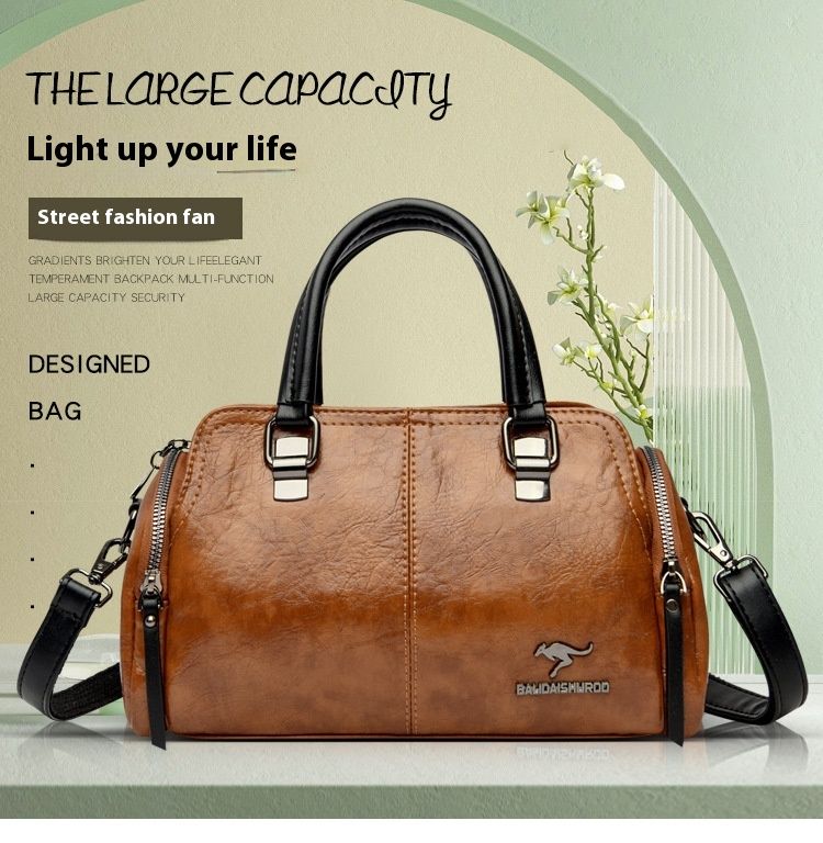 Women's Bag New Fashion Retro Versatile Contrasting Color Boston Pillow Bag Soft Leather Hand-held Large Capacity Mother Bag_voghion.com