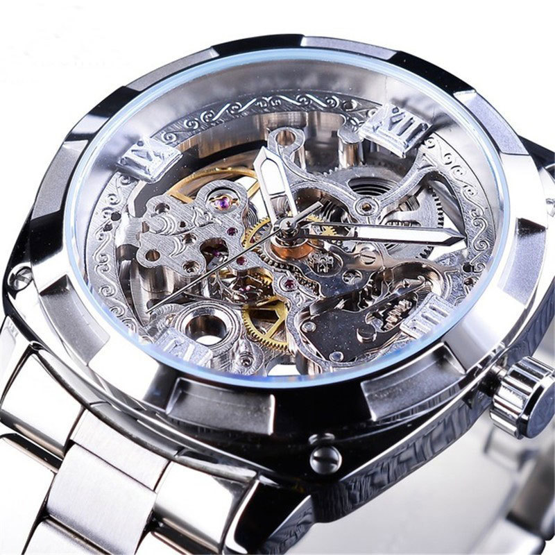 Montre mécanique automatique pour homme avec cadran squelette, style rétro, aiguilles lumineuses, étanche jusqu'à 30 m, bracelet en acier inoxydable_voghion.com