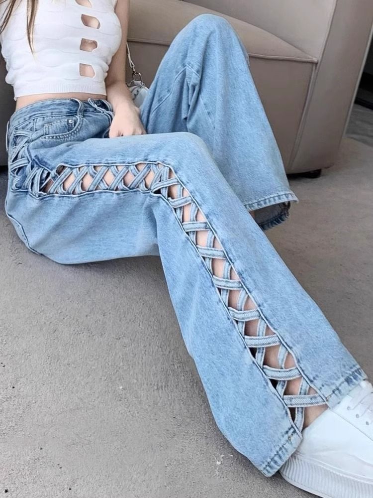 Abbigliamento da donna, design primaverile ed estivo, pantaloni sottili e versatili a vita alta lunghi fino al pavimento_voghion.com